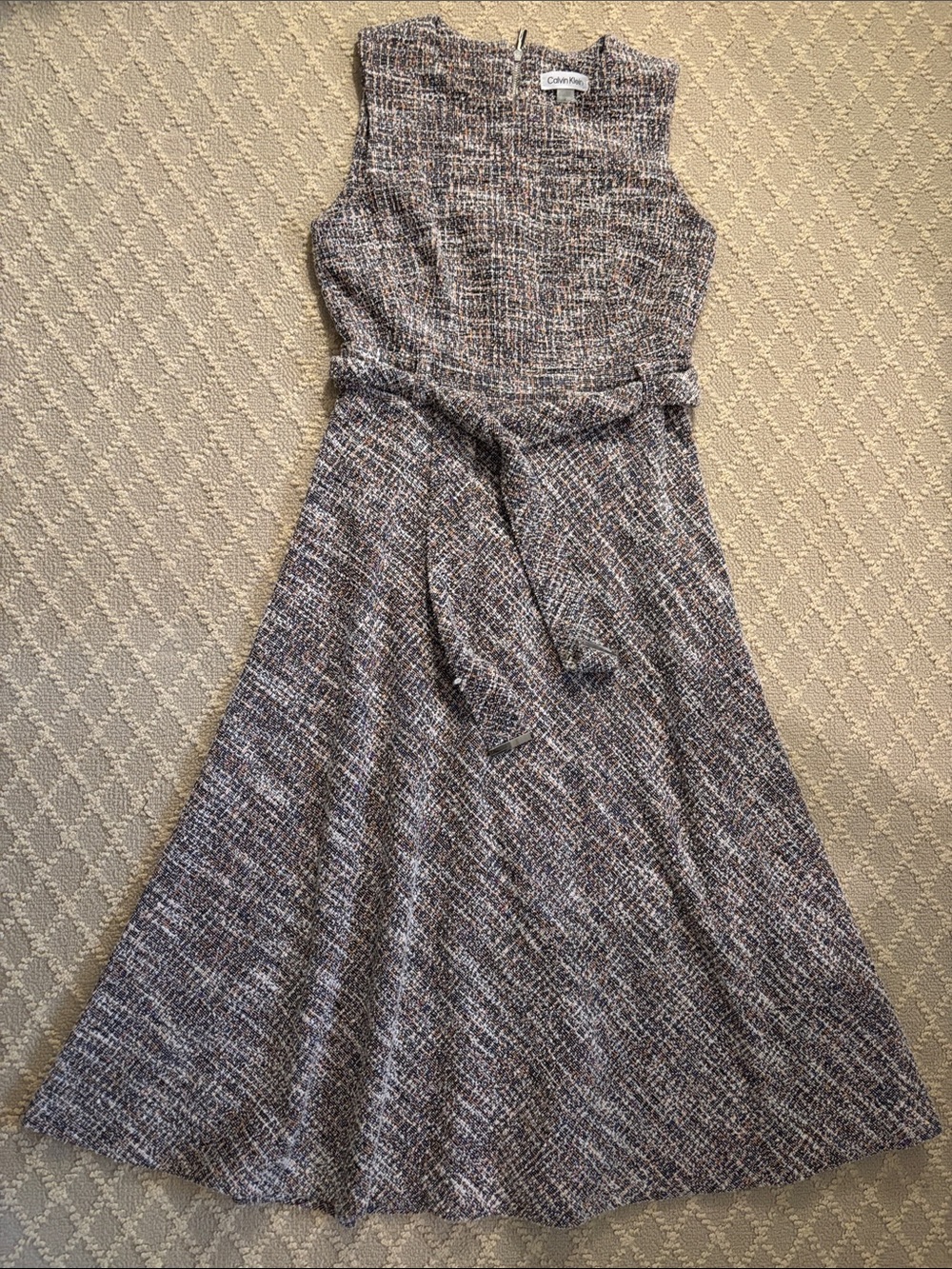 NWOT Calvin Klein Tweed-Look Sleeveless Dress with Waist Tie